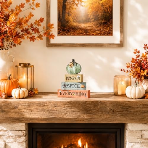 Smile Fall Wooden Decor Signs Teal Pumpkin Plaque PUMPKIN SPICE EVERYTHING Tiered Tray Tabletop Signs for Autumn Harvest Thanksgiving Home Decor