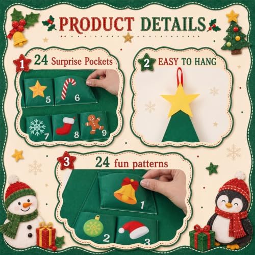 Irenare Christmas Tree Advent Calendar with 24 Pockets, 39.4 x 27.6 Inch