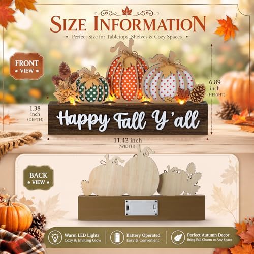 Patelai Fall Pumpkin Decor with LED Lights Orange Pumpkin Table Block Sign Lighted Fall Tiered Tray Decorations Wooden Thanksgiving Table Centerpiece Decor for Farmhouse Harvest Party Home Shelf