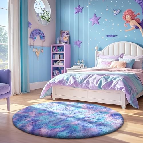 Ophanie Round Rug 4Ft Tie-Dye Rainbow Purple Circle Area Rug, Fluffy Fuzzy Bedroom Carpet,Plush Soft Shaggy Indoor
