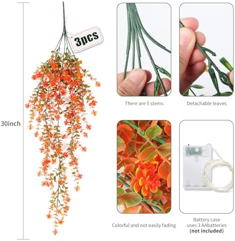 RECUTMS Fall Decor Artificial Flowers Faux Hanging Plants with Lights 3Pcs