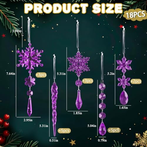 18pcs Crystal Christmas Ornaments for Christmas Tree Decorations-Purple Hanging Acrylic Snowflake and Icicle Ornaments with Drop Pendants for New Year Party Decorations Supplies
