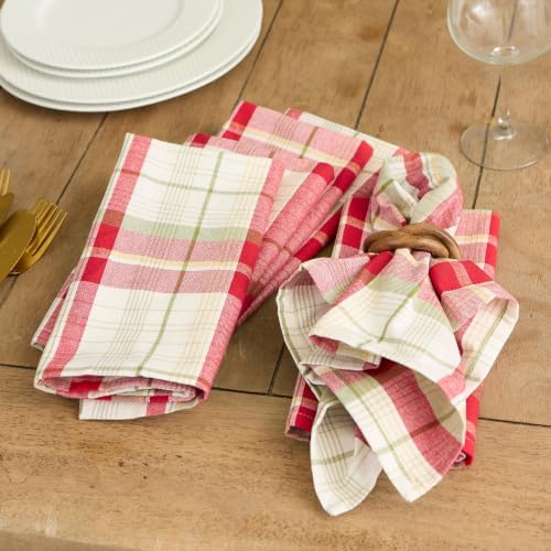 DII Orchard Plaid Collection Linen Tabletop Essentials, Napkin Set, 20x20, Taupe/Red, 6 Piece