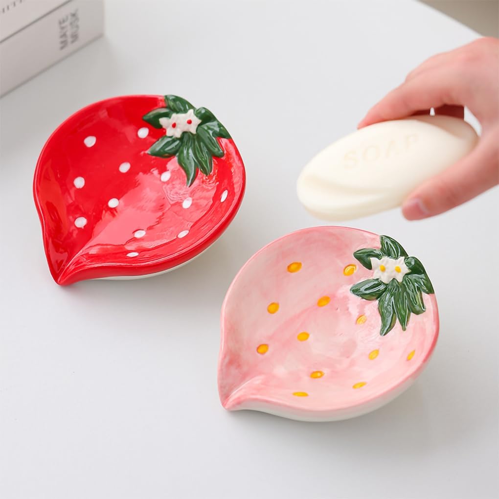 Strawberry Soap Holder Ceramic Soap Dish Self Draining Soap Holder Decorative Soap Dish / Red
