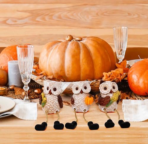 Thanksgiving Owl Figurines Set of 3 Fall Shelf Sitters Dangling Legs