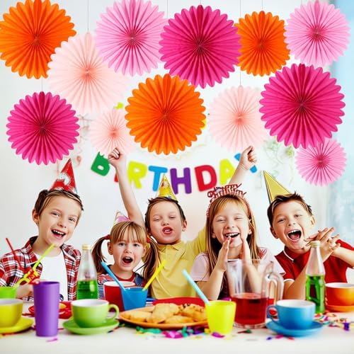 BestoFun 12PCS Paper Fans Orange and Hot Pink Party Decorations Tissue Paper Flowers Paper Fans Party Decorations for Girl Groovy Birthday Baby Shower Wedding Bachelorette Room Wall Hanging Décor