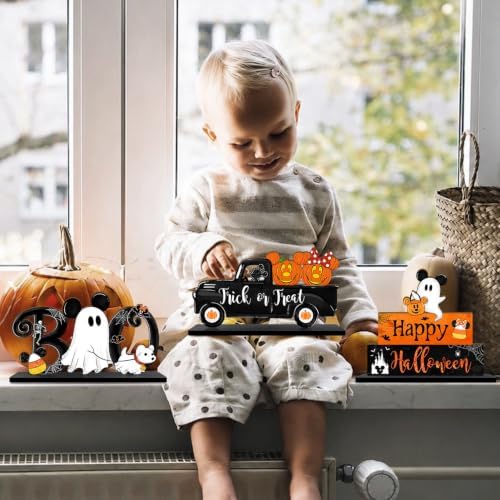 3 Pieces Halloween Table Signs Decorations, Pumpkins Ghost Truck BOO Table Centerpiece Wooden Sign, Halloween Tabletop Home Decor for Party Indoor Tiered Tray