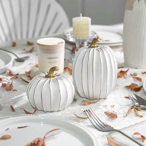 AOMOONOA Fall Pumpkin Decor,White and Gold Thanksgiving Decorative Pumpkin