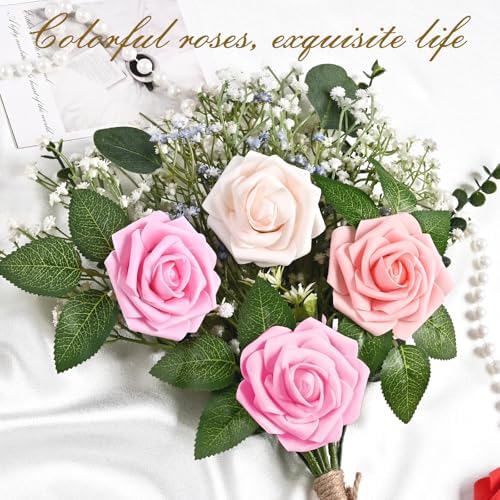 BLEUM CADE 16Pcs Artificial Flowers Fake Foam Roses with Stems for Wedding