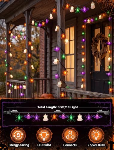 8.5FT 10 LED Halloween Spider Bat Ghost String Lights Outdoor, Plug in