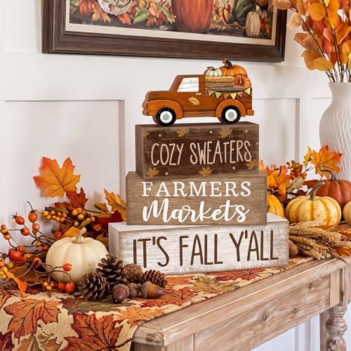 Lineshading 4 Pcs Fall Wooden Block Table Decor Stacked Signs Truck Topper