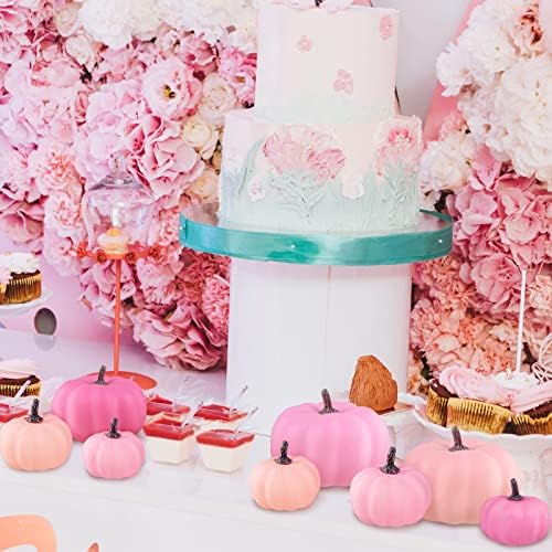 12 Pcs Assorted Small Fall Artificial Pumpkins Faux Pink Pumpkins Decorative Pumpkins Foam Pumpkins for Gifts Fall Wedding Baby Shower Halloween Thanksgiving Table Centerpiece Farmhouse Decor