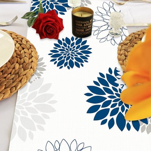 Niviy Blue Gray Table Runner 13x108 inches Long Dahlia Pinnata Flower Pattern Spring Summer Seasonal Kitchen Dining Table Decoration for Indoor Outdoor Home Party Decor (13 x 108 inch)