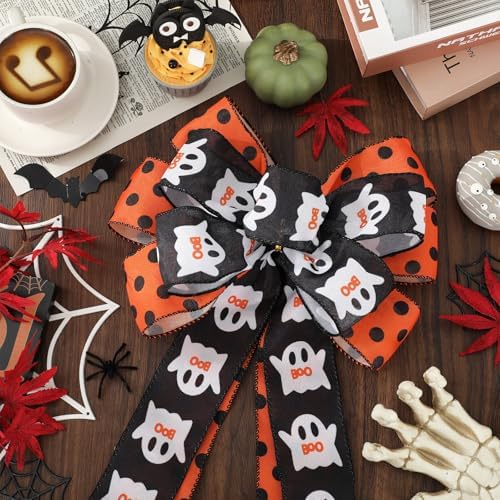 JarThenaAMCS Halloween Wreath Bow Ghost Boo Polka Dots Wired Edge Bow Black Orange Fabric Craft Bowknot for Front Door Tree Topper Indoor Outdoor Decor, 11 x 20.3 Inch