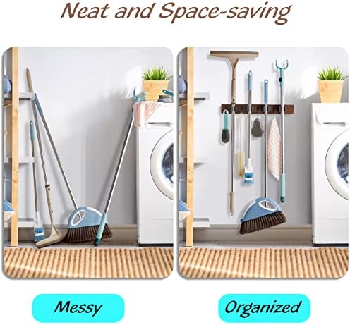 OUTNILI Mop and Broom Holder Wall Mount - Wood Broom Mop Hanger - Wall Mounted Garden Tool Rack Organizer for Closet
