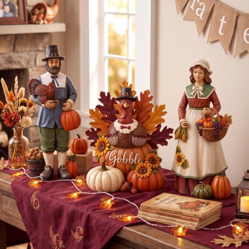 Simgoing 3 Pcs Fall Thanksgiving Figurine Resin Turkey Pilgrims Table Decor