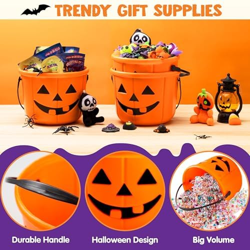 JOYIN 6PCS Halloween Trick or Treat Pumpkin Bucket, Jack O Lantern Candy Basket and Buckets for Trick or Treating, Orange Halloween Pails with Handle for Kids Party Favors Supplies Props