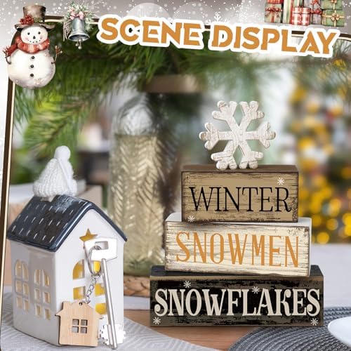 Moucuny 4 Pcs Wooden Block Signs Winter Tiered Tray Decor Farmhouse
