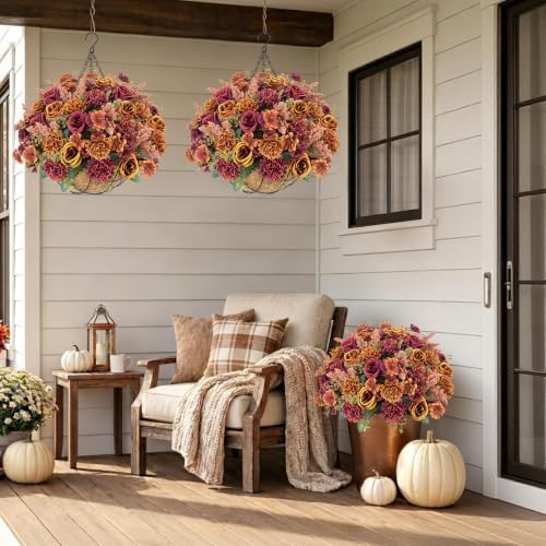 GTIDEA Fall Hanging Baskets 16 Pcs Artficial Fall Flowers for Outdoors