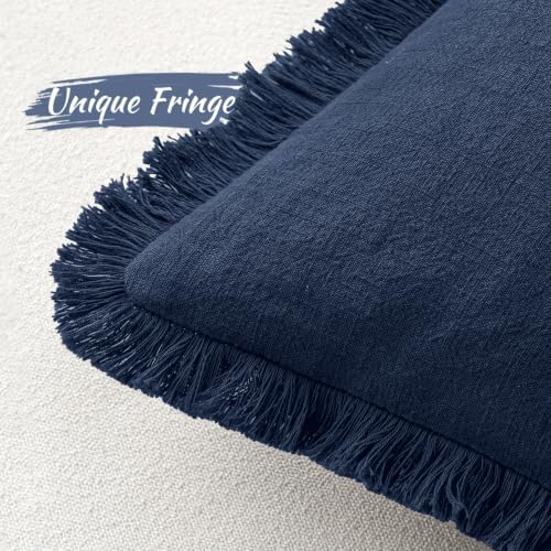 MIULEE Linen Fringe Decorative Euro Throw Pillow Covers Dark Navy 26x26