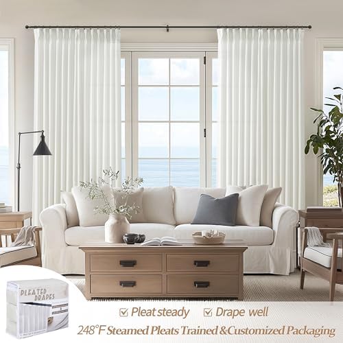 High Ceiling Pure White Extra Long 120 Inch Curtains for Sliding Glass Doors 2 Panels Set, Memory Trained Pinch Pleat