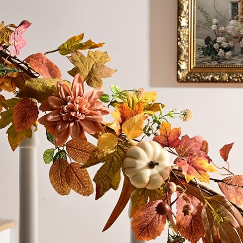 2 Pcs Fall Garland for Mantle, 6 FT Fall Garland with Lights