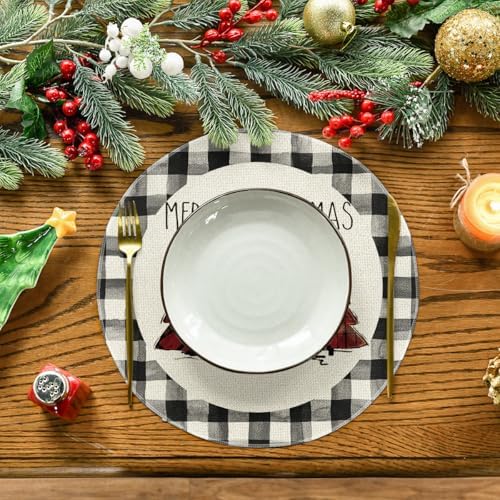 Artoid Mode Waterclor Buffalo Plaid Christmas Trees Merry Xmas Round Placemats Set of 4, 14 Inch Seasonal Winter Round Table Mats for Dining Decoration