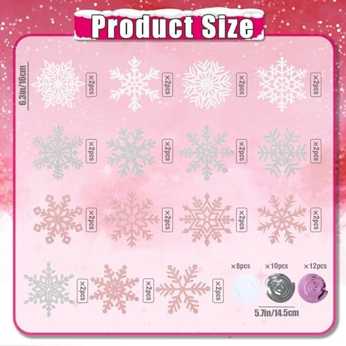 Snowflake Decorations, Christmas Hanging Decor, Pink White Silver, 30-Pc