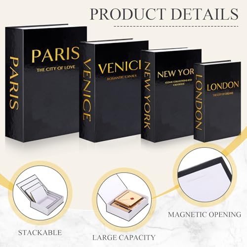 Sabary Set of 4 Decorative Books Boxes Faux Books Stacked for Modern Home Coffee Tables Bookshelves DIY Crafts Decor, Black and Gold