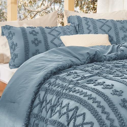 Bedsure Tufted Boho Comforter Set Queen Size - Dusty Blue Boho Bed Set, GentleSoft™ 3 Pieces Farmhouse-Style Embroidery