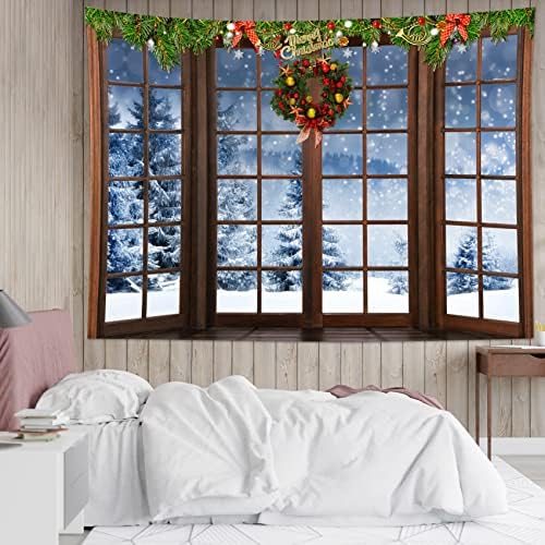 HVEST Christmas Tapestry Wall Hanging Winter Snow Pine Tree Forest outside Brown Window Tapestry for Bedroom, Xmas Nature Landscape Wall Art for Living Room Dorm Home Decor Backdrop, 80W x 60H inches