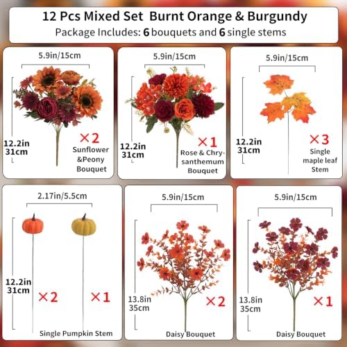 Mixed 12 Pcs Fall Artificial Flowers, Sunflower Peony Bouquet with Maple Leaves Pumpkins, Autumn Faux Floral Arrangements for Table,Thanksgiving, Halloween, Porch Planters, Garden Patio Outdoors Decor