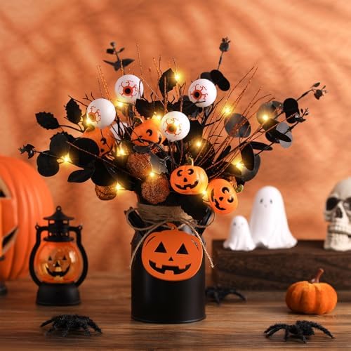 Halloween Table Deocr with 5 Pcs Artificial Pumpkin Eyeballs Eucalyptus Stems Black Iron Vase String Light and Wood Sign Halloween Centerpieces for Indoor Home Party Vase Arrangement Decorations