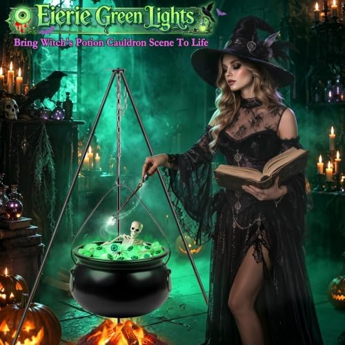 MEILIDY Halloween Decorations, Lighted Large Witches Cauldron with Tripod