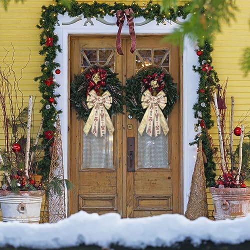 Estivaux Large Christmas Bows for Wreath, Christmas Wreath Bow Golden Natural Burlap Ribbons Xmas Tree Topper Bows for Front Door Party Decorations