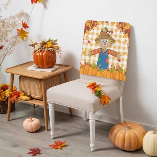 LooPoP Fall Chair Covers Set of 8 Scarecrows Crow Pumpkin Chair Slipcover Protector Stretch Chair Covers Maple Leaf Orange Buffalo Plaid Thanksgiving Chair Back Covers for Dining Chairs Kitchen Party