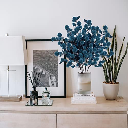 Sggvecsy 6 Pcs Eucalyptus Leaves Artificial Eucalyptus Stems Long Silver Dollar Leaves Faux Leaf Branches Fake Silk Eucalyptus for Spring Summer Home Festival Thanksgiving Christmas Decor (Blue)