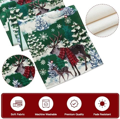 Artscope Reindeer Snowman Christmas Tree Table Runner, Xmas Winter Snowflakes Holiday Kitchen Dining Table Decoration for Christmas Home Party Decor 13x36 Inch-Green