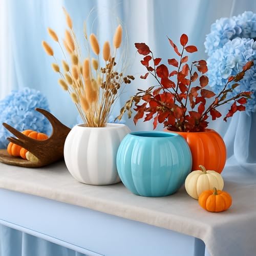 3 Pcs Ceramic Pumpkin Vase 5.5" White Orange Blue Pumpkin Decor Fall Vase