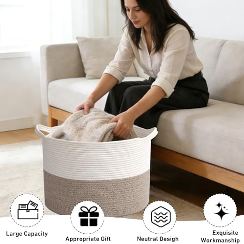 Large Woven Blanket Basket / White&brown / 19.7"L x 19.7"W x 13"H