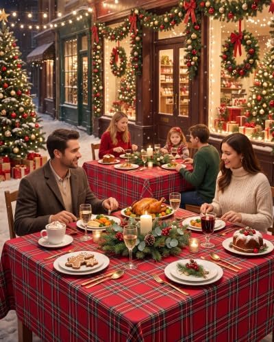 Red Christmas Tablecloth Square, Farmhouse Buffalo Plaid, 54x54 in