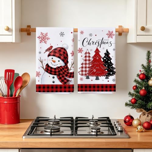 Hexagram Christmas Kitchen Towels, Red Plaid Snowman Christmas Decorations