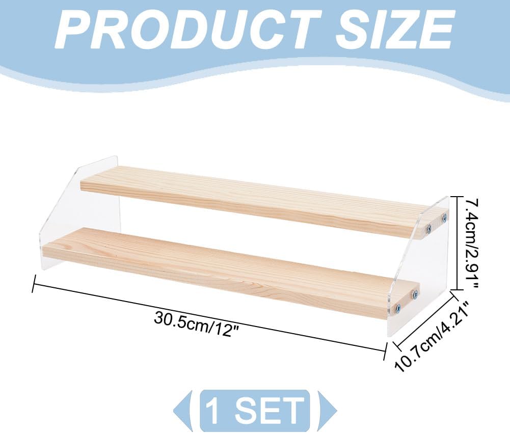 2 Tier Wood Acrylic Display Stand Riser Shelf Wooden Display Shelf Risers Organizer / 12 x 4.21