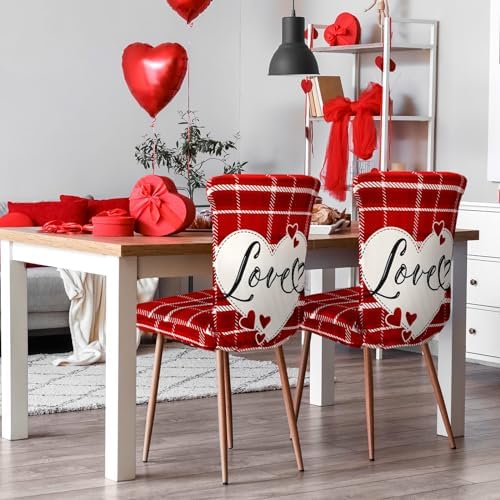Preboun Valentine's Day Chair Covers Set of 6 Valentines Dining Protector Stretch Red Heart Removable Washable Valentine Be Mine Slipcovers for Dining Hotel Party Wedding