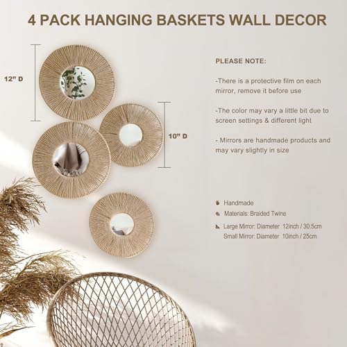 Decorative Woven Wicker Basket Boho Wall Hanging / Brown / Set of 4
