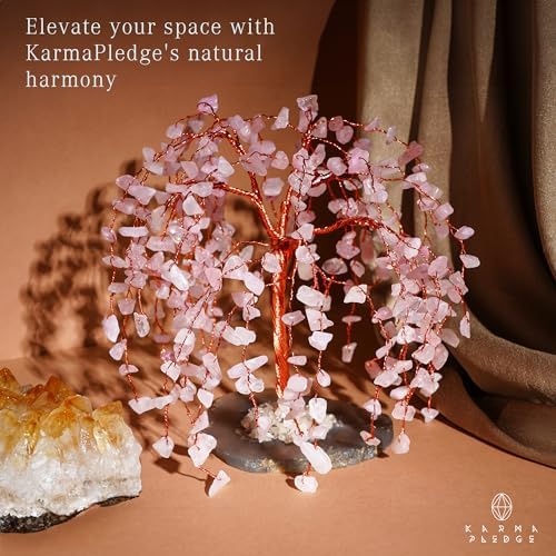 KARMAPLEDGE Chakra Tree of Life Birthday Gifts for Women, Home and Office Decor, Handmade Rose Quartz Crystal Tree for