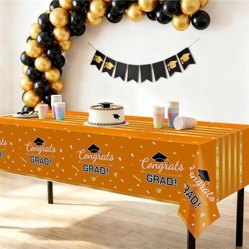 Childom 3 Pack Graduation Tablecloth,Graduation Decorations 2026 Graduation Party Decoration,54"x108" Orange and Gold Graduation Tablecloth,Disposable Plastic Tablecloth Rectangle for Graduation Party