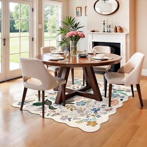 Washable 4x4 Square Area Rug: Floral Scalloped Soft Rugs for Living Room Bedroom Non Slip Bathroom Nursery Floor Mat