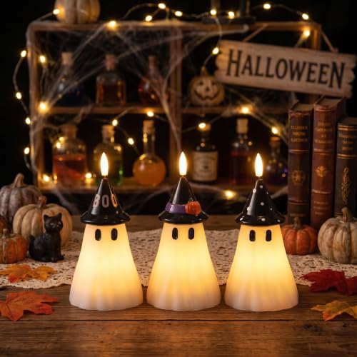 Halloween Decor Flameless Ghost Candles with Witch Hat, 3PCS