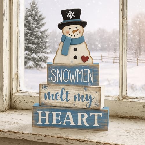 Moucuny 4 Pcs Snowman Block Signs Farmhouse Table Decoration Wood